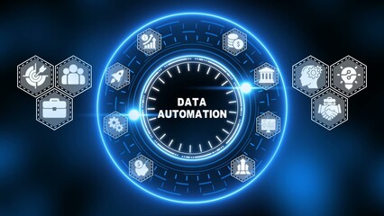 Data automation concept with blue neon clock and business technology