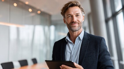 Fototapeta premium Poised Professional: A confident man in a formal setting, holding a tablet, exuding an air of expertise and leadership, against a modern backdrop of an office.