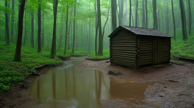 Log cabin forest stream misty tranquil green nature peaceful reflection rustic - Powered by Adobe