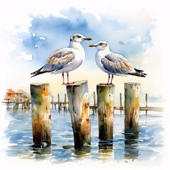 Two seagulls standing on wooden poles in the water watercolor style illustration