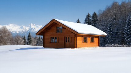 Snow covered wooden cabin, winter landscape, pine tree, mountain, blue sky, peaceful scene