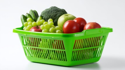 Bright green shopping basket filled with fresh fruits and vegetables. This image captures the essence of healthy eating and vibrant produce. Perfect for food blogs and health-related articles. AI