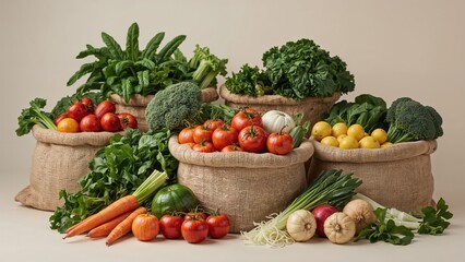 Fresh vegetables arranged in burlap sacks, including carrots, tomatoes, broccoli, lettuce, and garlic, showcasing healthy produce.