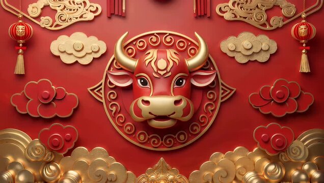 A vibrant animation featuring an ornate golden ox head surrounded by auspicious clouds and traditional red lanterns on a rich crimson backdrop,