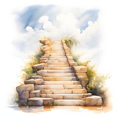 Stone stairway to heaven is illustrated in watercolor with a bright and airy feel