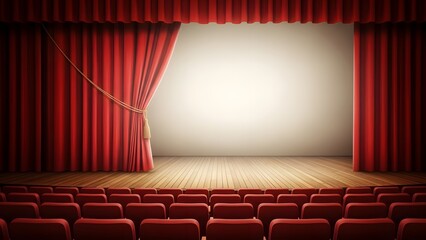 Theater stage with red curtains and empty seats
