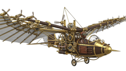 Steampunk ornithopter with pilot and brass gears on black background flying machine
