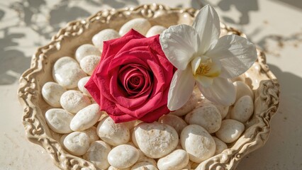 Pink rose and white orchid on a decorative plate with white stones.