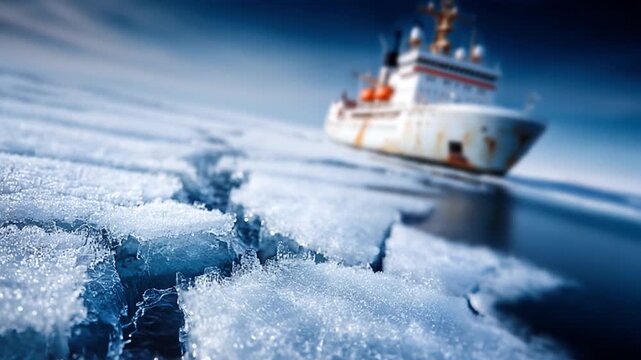 Navigating the Frozen Frontier: An icebreaker fearlessly forges its path through a glacial landscape, cutting a trail through the icy expanse.