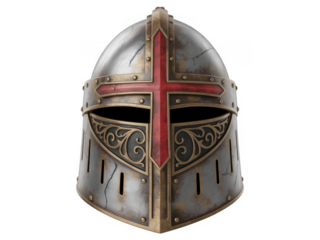 Medieval knight helmet with red cross isolated on a transparent background armor