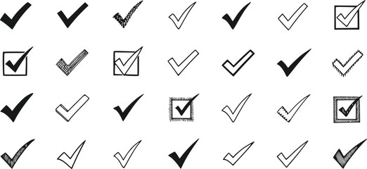 A collection of hand-drawn check marks and ticks isolated on a transparent background. © Prosun Design