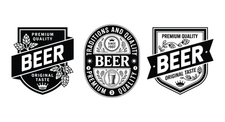 Vintage beer labels, Monochrome beer logo, An oval-shaped beer label, Premium beer labels featuring traditional emblematic designs and premium quality badges, Vector illustration