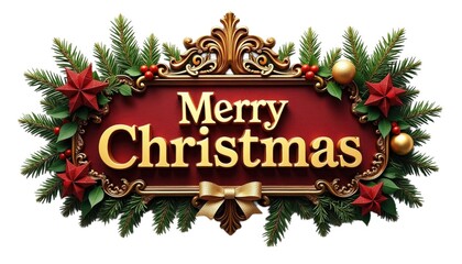 Obraz premium Merry Christmas Sign With Decorations and Greenery Displayed in Festive Colors