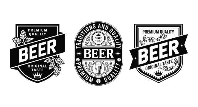 Vintage beer labels, Monochrome beer logo, An oval-shaped beer label, Premium beer labels featuring traditional emblematic designs and premium quality badges, Vector illustration
