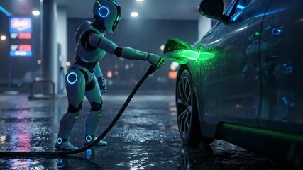 Advanced AI Android Operating Electric Vehicle Charger at Futuristic Service Station 4K - Powered by Adobe