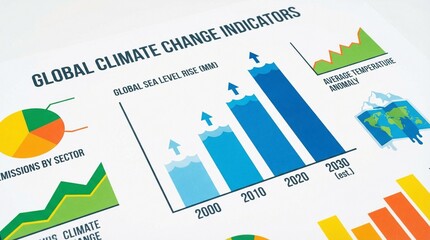 Close up view of document displaying global climate change indicators and rising sea levels