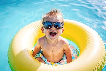 smiling young blonde child, wearing sunglasses and patterned swimsuit, joyfully floats on yellow inner tube in turquoise water, summer fun, playful child, carefree, summer days, holiday spirit