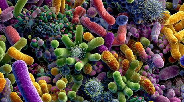 Conceptual visualization of a dense, diverse gut microbiome ecosystem, showing many bacteria species coexisting and interacting in a complex intestinal environment.
