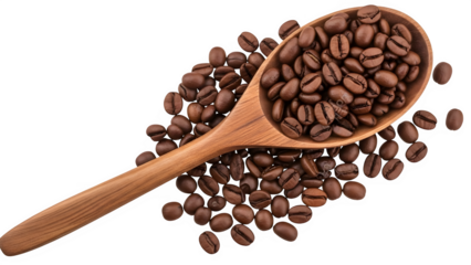 Brown Coffee Beans Falling Down on Wooden Spoon