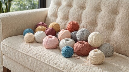 Many balls of yarn in various colors arranged on a beige couch.