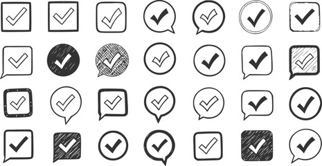 Collection of hand-drawn checkmark icons in various doodle styles, isolated on transparent background. © Prosun Design