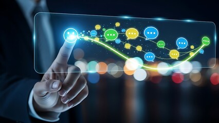 A futuristic hand interacting with a holographic graph display of colorful data points and trend lines in a dark tech savvy environment