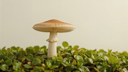Single mushroom growing amidst green ground cover. Nature, fungi, organic life. Fungal growth, plant life, natural environment. The concept of biodiversity and ecological balance.