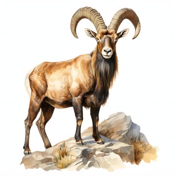 Watercolor painting of a majestic argali sheep standing on rocks