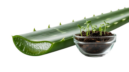 Aloe Vera and New Growth: A vibrant slice of aloe vera, showcasing its succulent texture, is positioned beside a small glass bowl cradling the promise of new life.