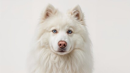 A white fluffy dog with blue eyes and a pink nose, looking directly at the camera.