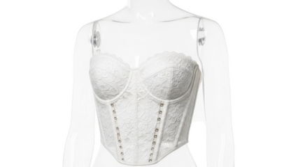 White lace corset with hook and eye closure on mannequin lingerie garment