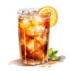 Refreshing iced tea with lemon slice in glass illustration