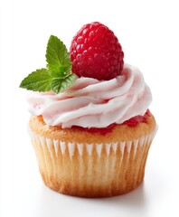 Delicious raspberry cupcake topped with creamy frosting and fresh mint. Perfect for dessert lovers and special occasions. Ideal for parties and celebrations. AI