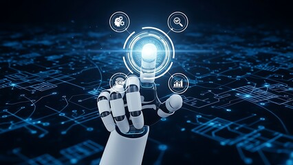 Robotic hand interacting with a glowing blue digital orb with circuits in the background