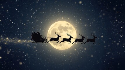 Santa Claus's sleigh silhouette against a starry winter night sky with a full moon and reindeer