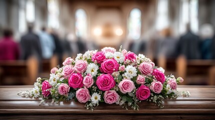 A bouquet of pink and white flowers sits on a wooden table in a church