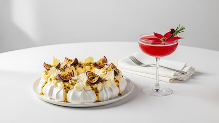 A passion fruit and white chocolate pavlova wreath and a Poinsettia cocktail, styled on a minimalist white toned background