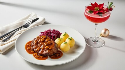 German Sauerbraten with gingerbread sauce and a Poinsettia cocktail, styled on a minimalist white toned background