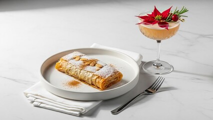 Moroccan Pastilla with squab and almond sugar and a Poinsettia cocktail, styled on a minimalist white toned background