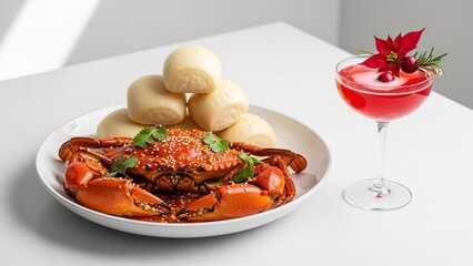 Singaporean Chili crab with mantou buns (holiday luxe version) and a Poinsettia cocktail