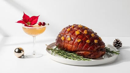 A Jamaican Jerk ham glazed with rum and pineapple and a Poinsettia cocktail, styled on a minimalist white toned background