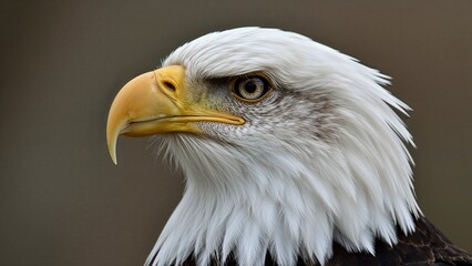 Fototapeta premium Close-up of a bald eagle's head with sharp beak and intense eye, showcasing majestic bird of prey.