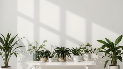 Fototapeta premium A row of potted plants on a white shelf with shadows of window panes on the wall behind.