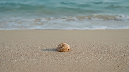 A seashell on the sandy beach with the ocean in the background. Peaceful and natural coastal scene.