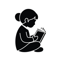 Cute young girl sitting peacefully and reading a book silhouette vector illustration