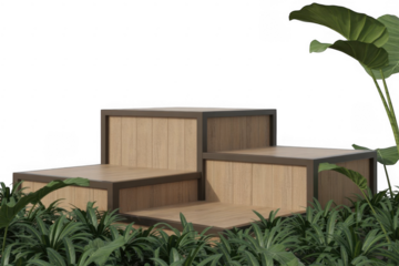 Modern outdoor wooden seating steps isolated on a transparent background