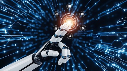 A robotic hand emerging from a digital background with radiant orange light and blue circuitry