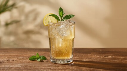 Fototapeta premium A drink with ice, lemon slice, and mint leaves in a glass. Refreshing beverage on a wooden surface. Citrus and herbs for flavor. Light, summery, and cool drink concept.