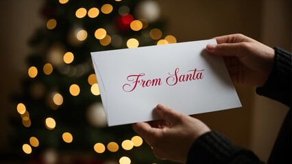 Person presenting seasonal envelope near illuminated christmas tree