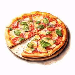 Delicious pizza with fresh tomatoes, mozzarella, red onion and basil leaves
